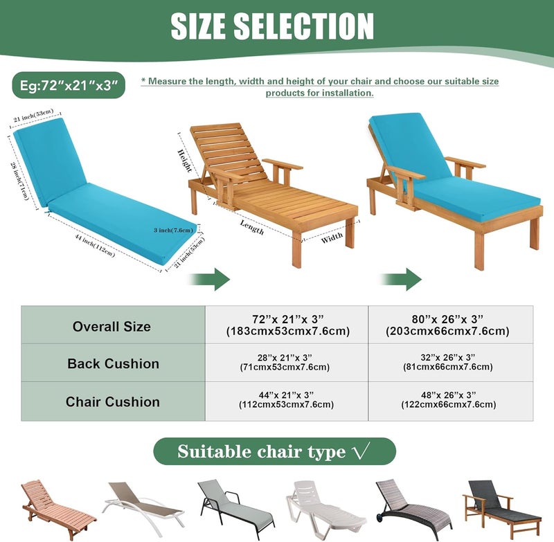 Summsun Chaise Lounge Cushions Outdoor - Waterproof and Fade Resistant Sun Lounger Replacement Cushions - Patio Lounger Pads with Removable Cover for Pool, Deck, Lawn, 72 x 21 x 3 Inch, Teal - Image 3